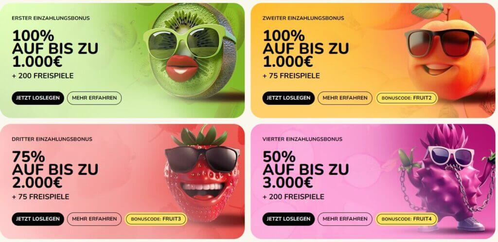 Vier Willkommensbonusse im FatFruit Casino