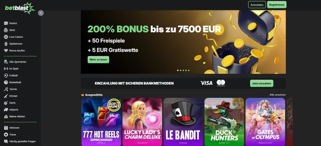 Die BetBlast Webseite bewirbt den Willkommensbonus