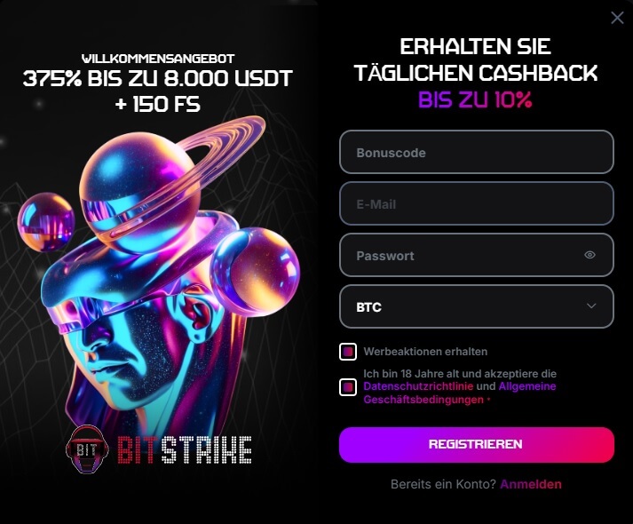 Die Bitstrike Registrierung benötigt nur wenige Sekunden