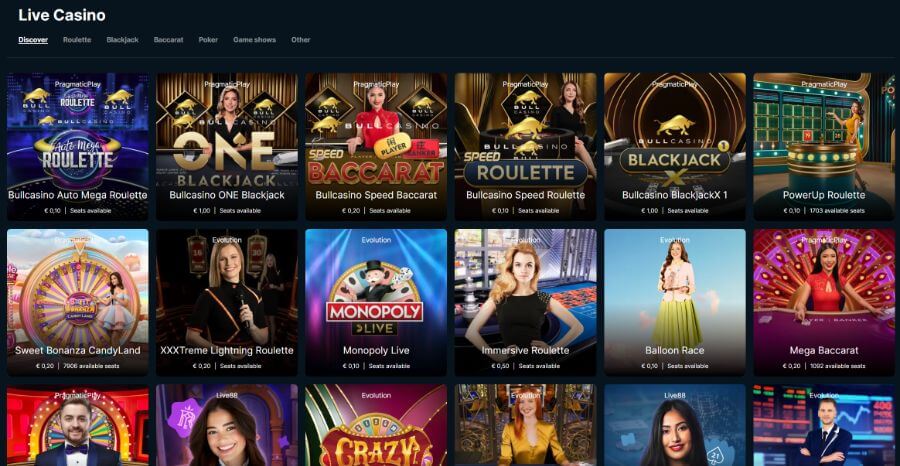 Die Live-Casino Lobby von Bull Casino