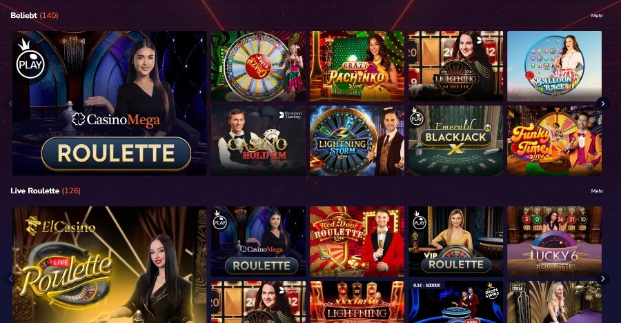 Der Live Casino Bereich bei CasinoMega 