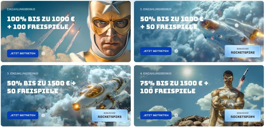 Das Bonusangebot des Rocketspin Casinos.