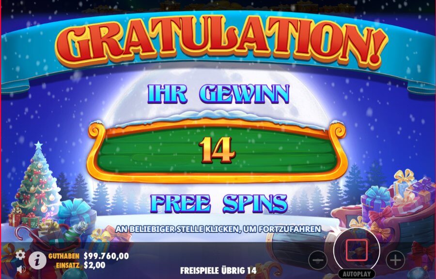 Santas xmas rush free spins, Freispiele, Gewinn