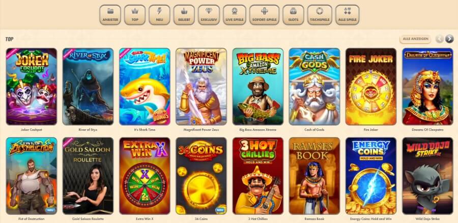 Die Vegasino Casino Lobby steckt voller guter Slots.